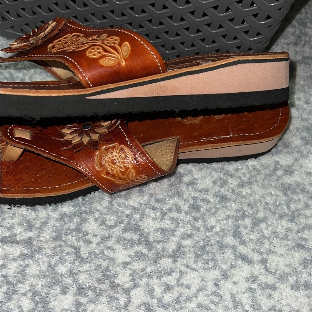 MEXICANA Brown Floral Original Leather Sandals Size 8 - Picture 3 of 7
